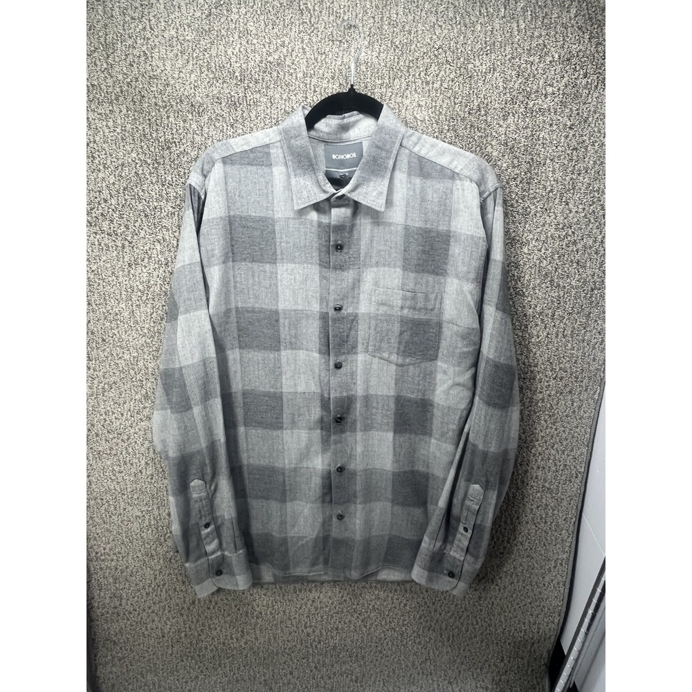 Bonobos Slim Fit Button Up Shirt L Gray Buffalo Plaid Check Mens Long Sleeve